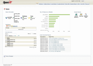 LicenseAnalyzer™ Web GUI の Home タブ<br>
Open iTシステムの、クライアント一覧や、出力済みレポート一覧など、システム概要を確認できるダッシュボードを表示します。