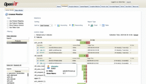 LicenseAnalyzer™ Web GUI の Dashboard - License Monitor タブ<br>
リアルタイムのライセンス使用本数や、使用者を確認することができます。